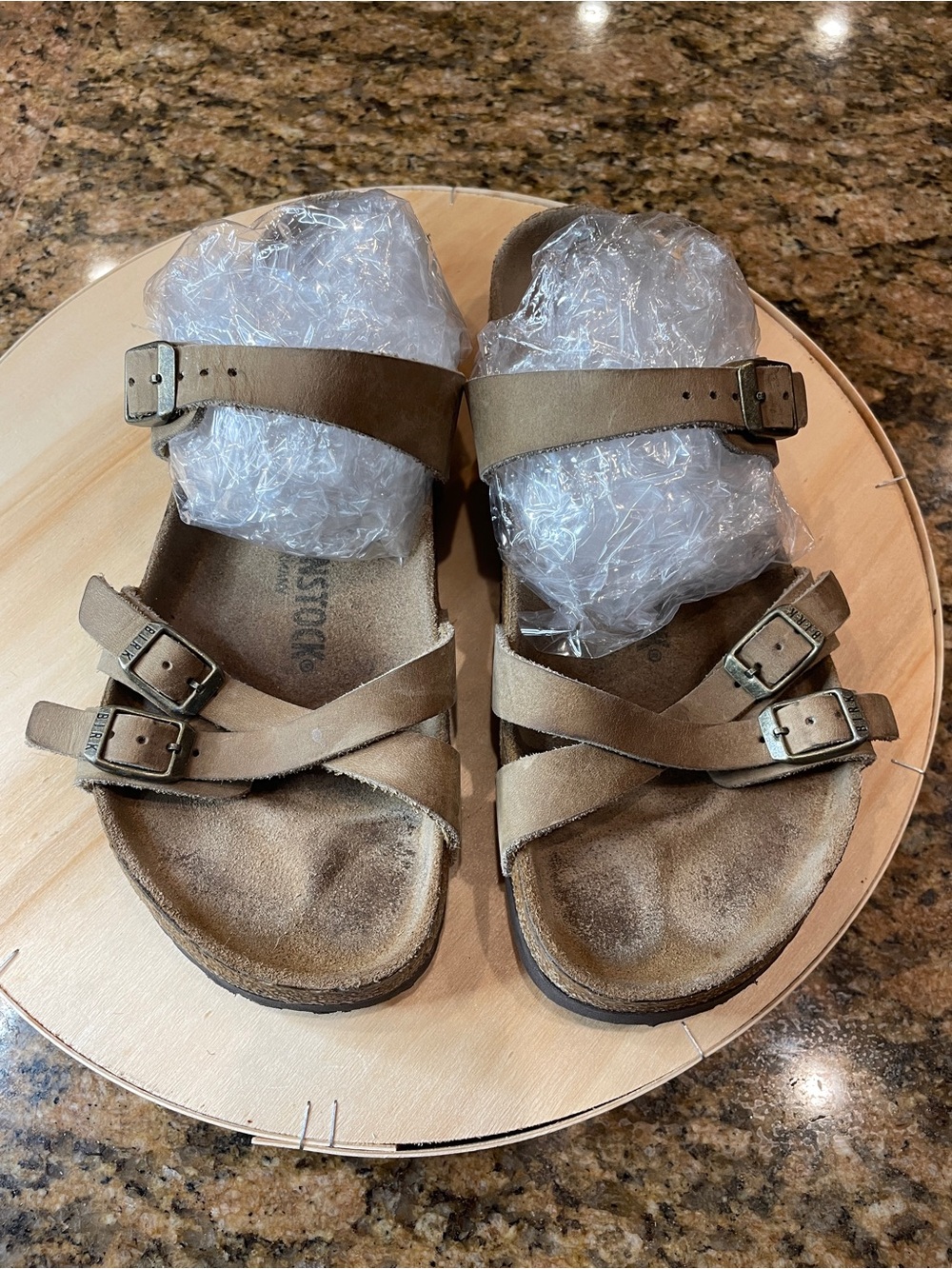 Rare Birkenstock Franca in Tabasco Tan Suede Double Buckle Slide Sandals.